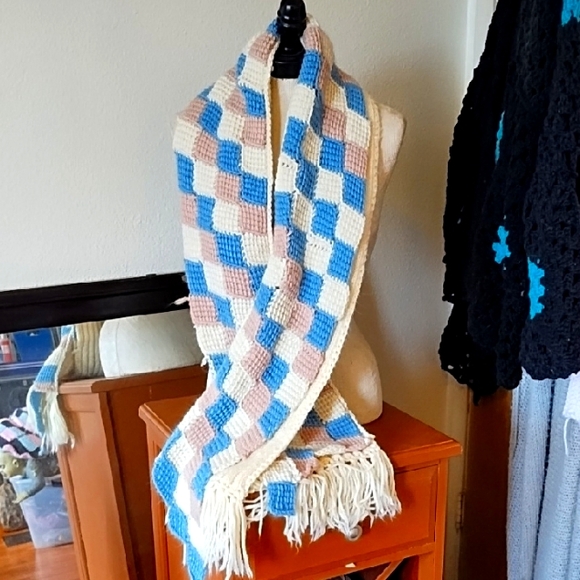 Accessories - Wrap scarf Winter Handmade Knit Checkered Scarf - Blue, Pink, Cream